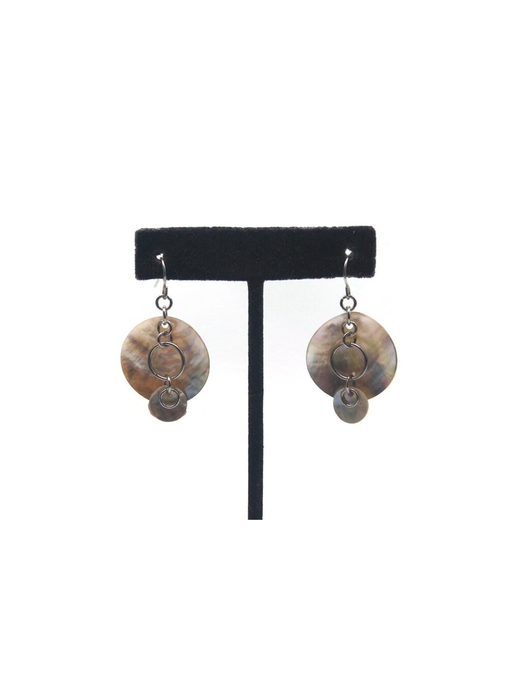 Vintage Silver Tone & Mother of Pearl Shell Disks Dangle Earrings.